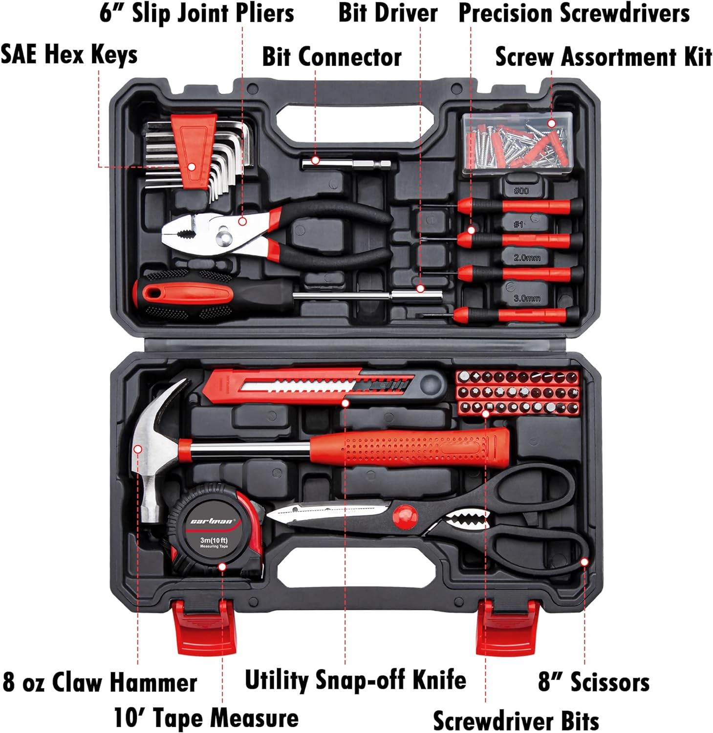 CARTMAN Tool Set General Household Hand Tool Kit with Plastic Toolbox Storage Case  Color: Red Plus