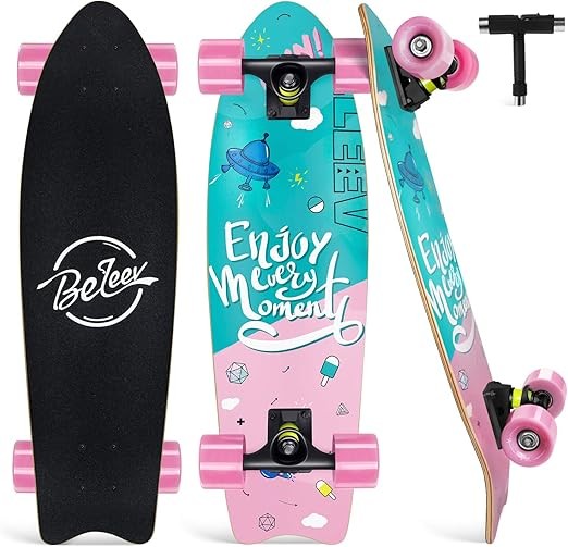 BELEEV Cruiser Skateboards for Beginners, 27 x 8 inch Complete Skateboard for Kids Teens Adults, 7 Ply Canadian Maple Double Kick Deck Concave Skateboard with Skate T-Tool