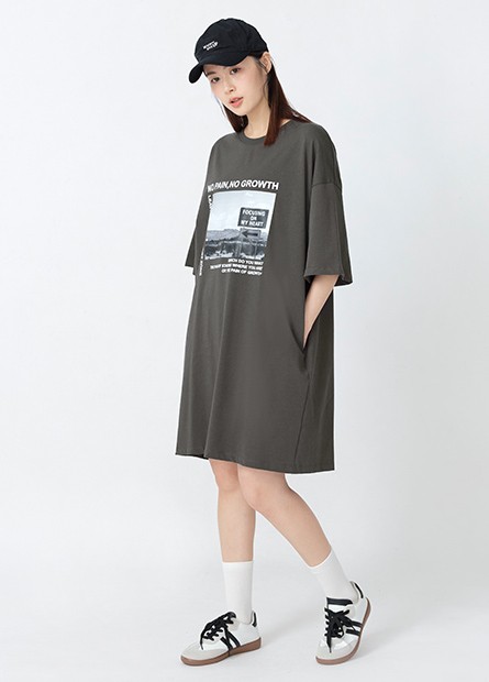 Landscape print dropped shoulder shift dress