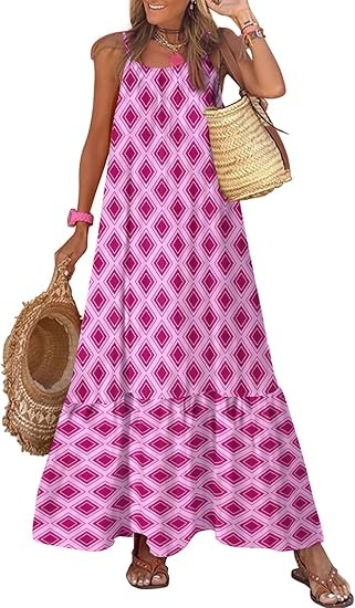 Women's Summer Dress Spaghetti Strap Round Neck Ruffle Flowing Bohemian Maxi Dress Color: Purple