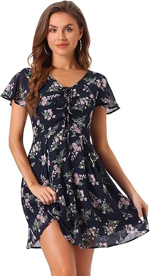 Allegra K Women's Floral Printed Spring Summer Flare Short Sleeve Lace-up V Neck Chiffon Dress Color: Deep Blue