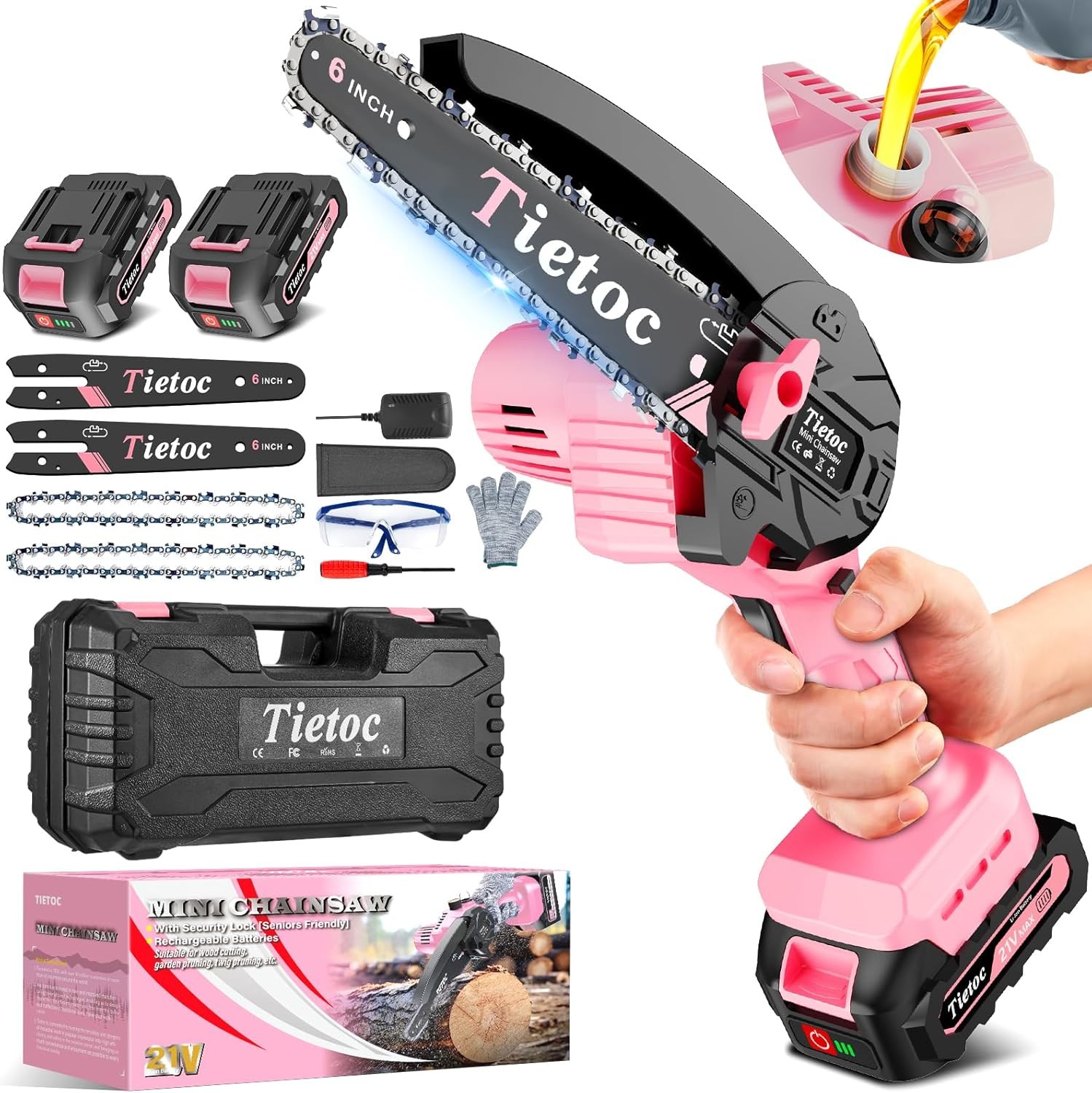 Tietoc Mini Chainsaw 6 Inch with 2 Batteries, Great Chainsaw Gift for Men, Dad, Husband and Gardener, Cool Gadget for Men, Great Men's Gift for Dad on Birthday Style: Pink - 2 batteries