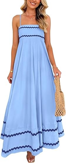 Women's summer flowing long dress casual sleeveless spaghetti strap ruffled beach dress Color: Light Blue