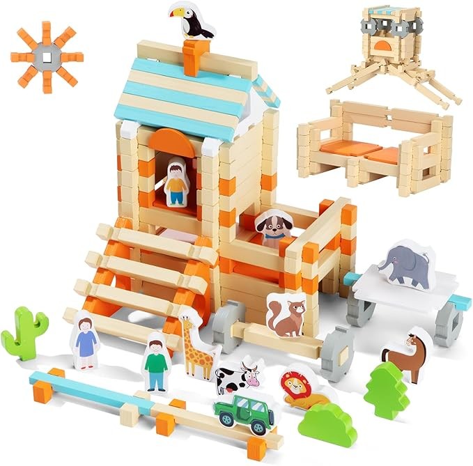 Building Blocks Wooden Colourful Building Blocks Toy 122 Pieces Wooden Building Blocks Building Kit Children's Toy for Gift from 3 4 5 6 7 8 9 10 Years Boys Girls Building Blocks Children's