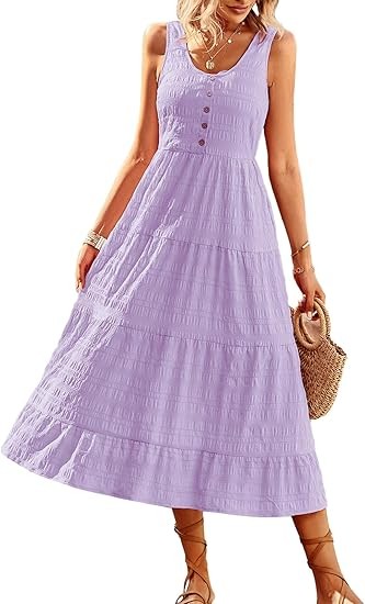 Women's Casual Summer Dress Loose Sleeveless Tank Dress Ruffled Layered Flowy Midi Sundress with Pockets Color: Light Purple