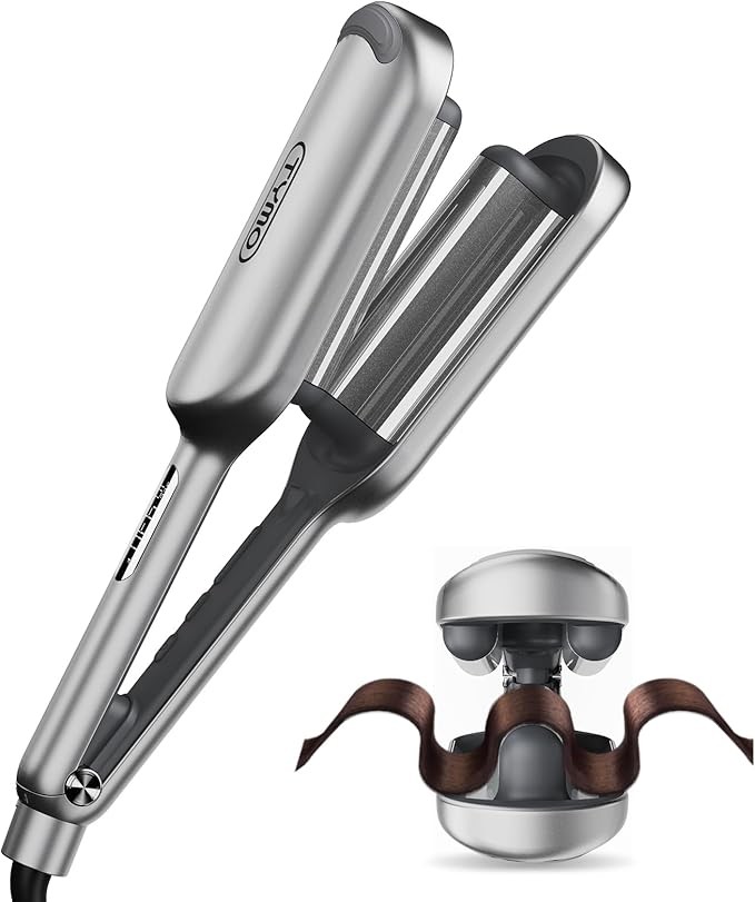 Curling Irons - TYMO ROVY Beach Wave Curling Iron, Ionic Deep Curling Iron with Ceramic 3-Tubes, for Women, Dual Voltage, Anti-Burn, Easy to Use, Silver Gray, 1 Inch