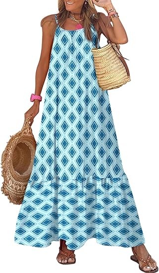 Women's Summer Dress Spaghetti Strap Round Neck Ruffle Flowing Bohemian Maxi Dress Color: Sky Blue