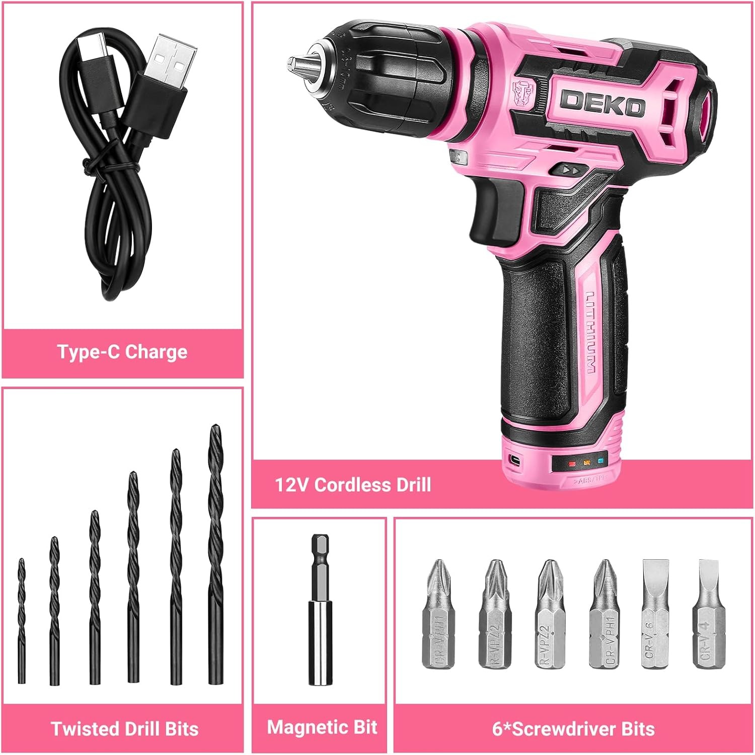 Cordless Drill：DEKOPRO 12V Power Drill Set with Pink 800RPM Electric Drills with Tool Set Gift Box, Pink Drill Set for Women Color: Pink
