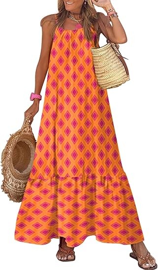 Women's Summer Dress Spaghetti Strap Round Neck Ruffle Flowing Bohemian Maxi Dress Color: Orange