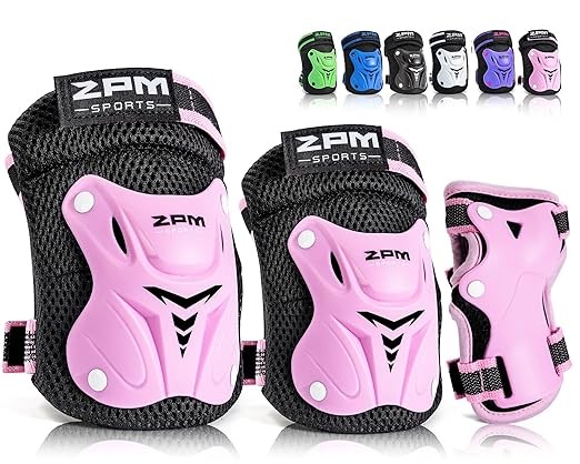 2PM SPORTS Kids Knee Pads, Wrist Pads, Knee Pads and Elbow Pads Set with Drawstring Bag, Girls Boys Roller Skating Cycling Skateboarding Protective Gear Set - Pink (Small)