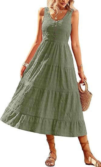Women's Casual Summer Dress Loose Sleeveless Tank Dress Ruffled Layered Flowy Midi Sundress with Pockets Color: Olive Green
