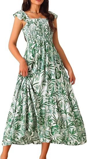 Women's Summer Dresses Ruffled Bohemian Sundress Square Neck Ruffle Cap Sleeve Floral Flowing Maxi Dress Color: Green