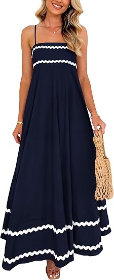 Women's summer flowing long dress casual sleeveless spaghetti strap ruffled beach dress Color: Dark Blue