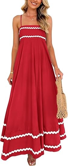 Women's summer flowing long dress casual sleeveless spaghetti strap ruffled beach dress Color: Wine Red