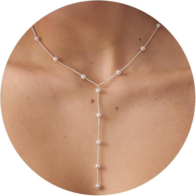 Pearl Necklace for Women- 14K Gold-plated/White Gold-plated Dainty Pearl Necklace for Women Color: silver Y pearl chain