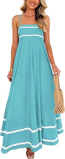 Women's summer flowing long dress casual sleeveless spaghetti strap ruffled beach dress Color: Aqua Green