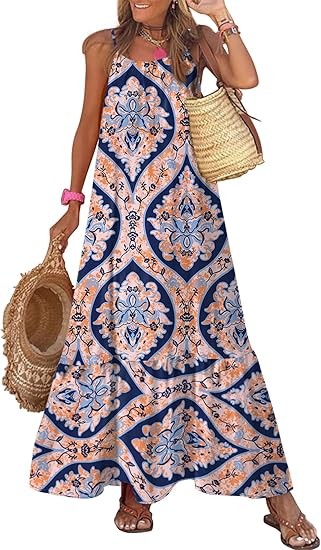 Women's Summer Dress Spaghetti Strap Round Neck Ruffled Ruffle Flowing Bohemian Maxi Dress Color: Blue