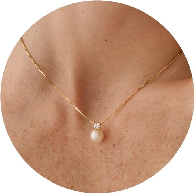 Pearl Necklace for Women- 14K Gold-plated/White Gold-plated Dainty Pearl Necklace for Women Color: Gold CZ pearl