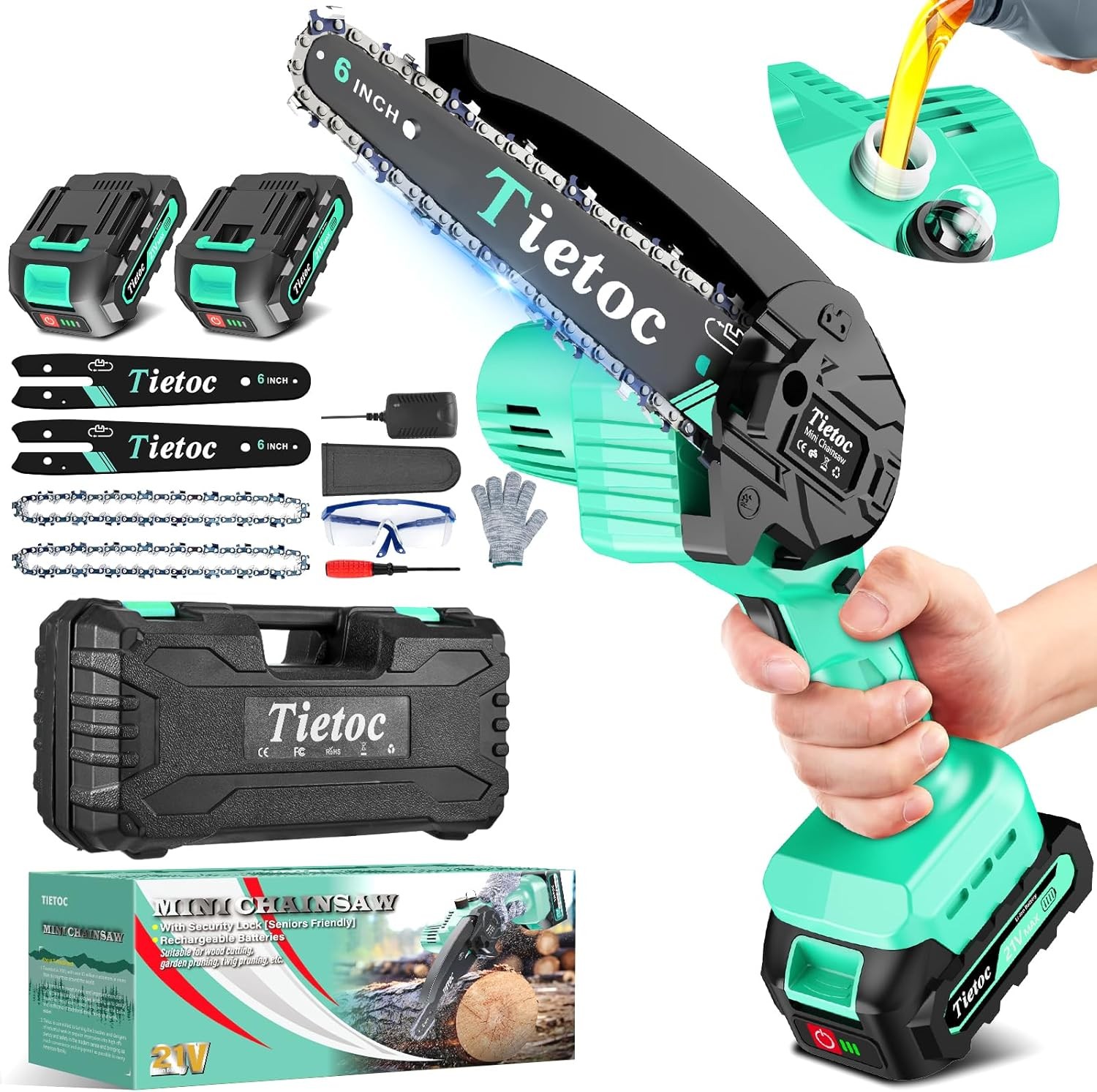 Tietoc Mini Chainsaw 6 Inch with 2 Batteries, Great Chainsaw Gift for Men, Dad, Husband and Gardener, Cool Gadget for Men, Great Men's Gift for Dad on Birthday Style: Light Green - 2 batteries