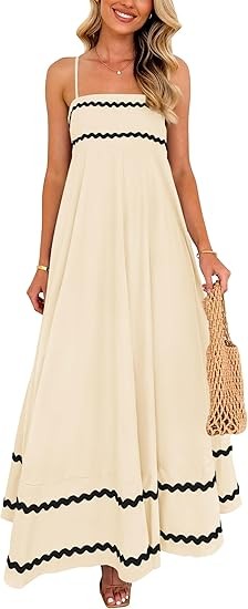 Women's summer flowing long dress casual sleeveless spaghetti strap ruffled beach dress Color: Light Beige
