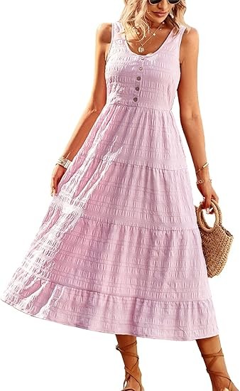 Women's Casual Summer Dress Loose Sleeveless Tank Dress Ruffled Layered Flowy Midi Sundress with Pockets Color: Pink
