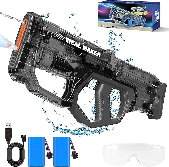 Adult/Child Powerful Automatic Water Filling Electric Water Gun, Automatic Water Spray Gun, with 2 Large Capacity Batteries, Waterproof Water Gun, Suitable for Summer Pool/Beach Toys (Black)