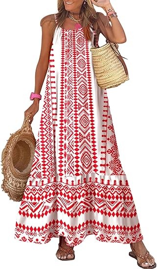 Women's Summer Dress Spaghetti Strap Round Neck Ruffle Flowing Bohemian Maxi Dress Color: White