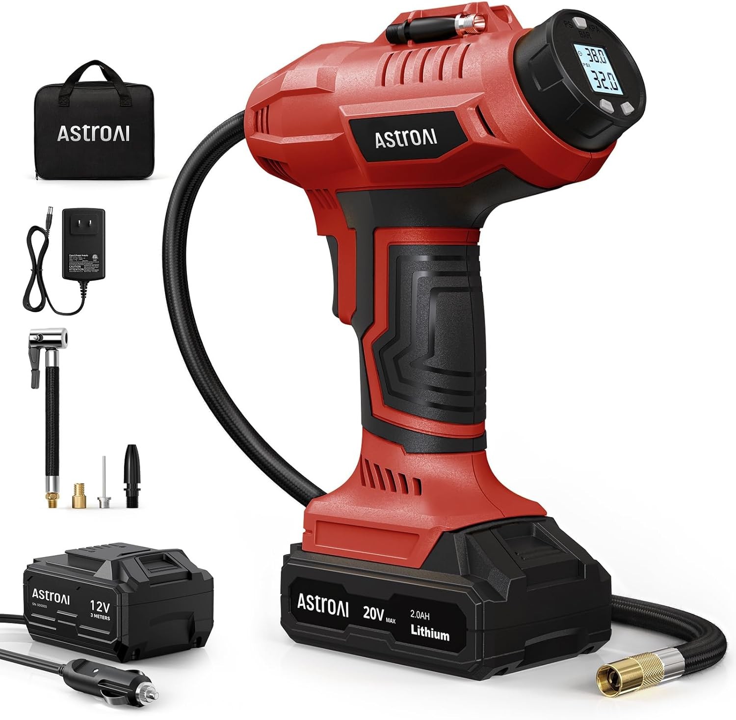 AstroAI Cordless Tire Inflator Air Compressor 20V Rechargeable Battery Powered 160PSI Portable Air Pump with 12V Car Power Adapter Digital Pressure Gauge for Cars Motorcycles JY16P160-18（C2）Red